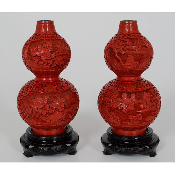 Chinese Double Gourd Vases : Chinese Double Gourd Vases Chinese. Twodouble gourd vases, one with landscape scenes and the other with floral motifs, both unmarked and on 20th century wooden stands; ht. 8.25 in. Provena