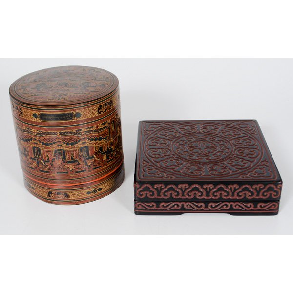 Asian Boxes : Asian Boxes Asian. A Chinese carved wooden condiment tray in black and red, with a four-character Xuande mark on bottom, and an Indonesian or Burmese beetle nut box depicting seated figures in a tem