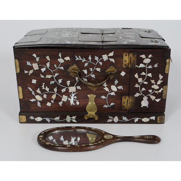 Chinese Mother-of-Pearl Inlaid Wood Jewelry Box a: Chinese Mother-of-Pearl Inlaid Wood Jewelry Box and Hand Mirror Chinese. A wood jewelry box with mother-of-pearl inlay of rectangular form, opening at the front to reveal six small drawers, the lid