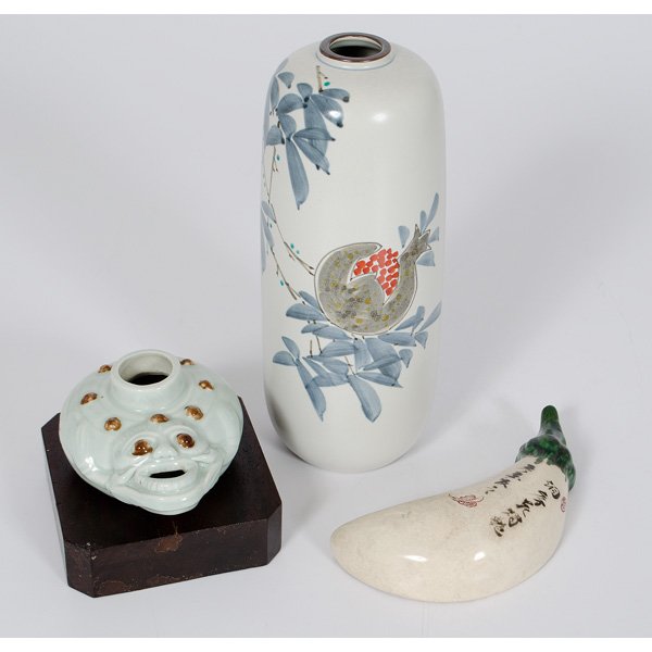 Japanese and Chinese Tablewares: Japanese and Chinese Tablewares Asian. A group of ceramic tablewares including a Japanese, painted, cylindrical vase with pomegranate and floral motifs, having a two-character Japanese mark on botto