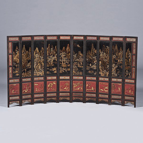 Chinese Wooden Painted Screen : Chinese Wooden Painted Screen Chinese, ca 19th century. A ten panel wooden screen meant to be placed on an opium bed, each having inserted painted panels, one side depicting a continuous mountainous
