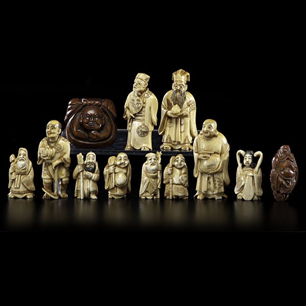 Japanese Ivory Figures, Plus : Japanese Ivory Figures, Plus Japanese. Ten carved and inked ivory figures, all with two-character mark. PLUS one 19th century carved figural wooden netsuke in the form of Hoy tai, unmarked.�