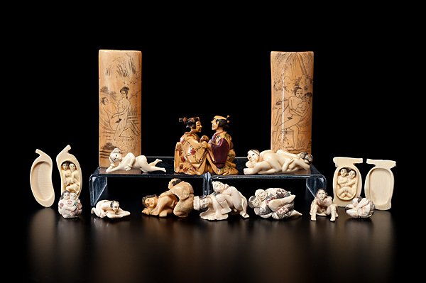 Japanese Erotic Ivory Figures, Plus : Japanese Erotic Ivory Figures, Plus Japanese, 20th century. A twelve-piece group of inked, carved, and polychrome ivory erotic figures, including six netsukes and two lidded leaf-shaped boxes