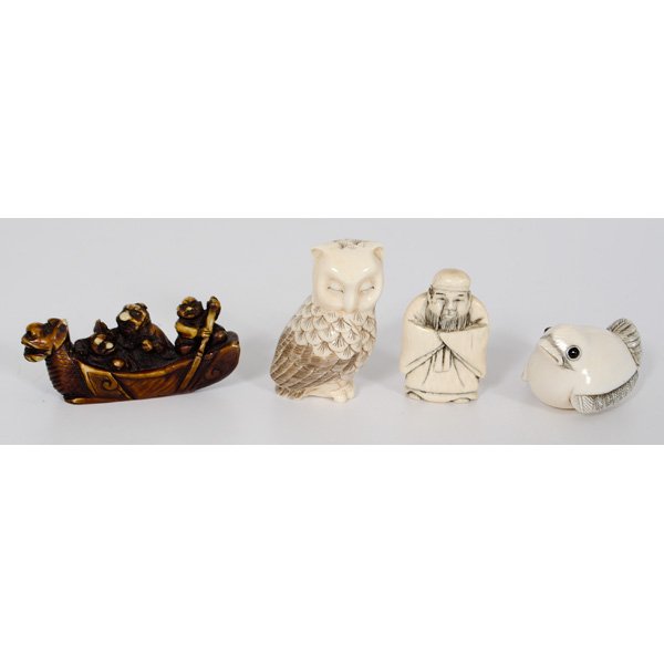 Japanese Carved Ivory and Resin Netsukes : Japanese Carved Ivory and Resin Netsukes Japanese. A group of four carved and inked ivory and resin netsukes, three with identifying marks; tallest ht. 2 in. International shipping is not available 