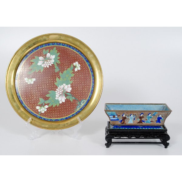 Cloisonne Tablewares : Cloisonne Tablewares Asian. Two cloisonne tablewares, including a large serving plate depicting chrysanthemum on a red ground, and a rectangular dish having a continuous scene of figures in a l