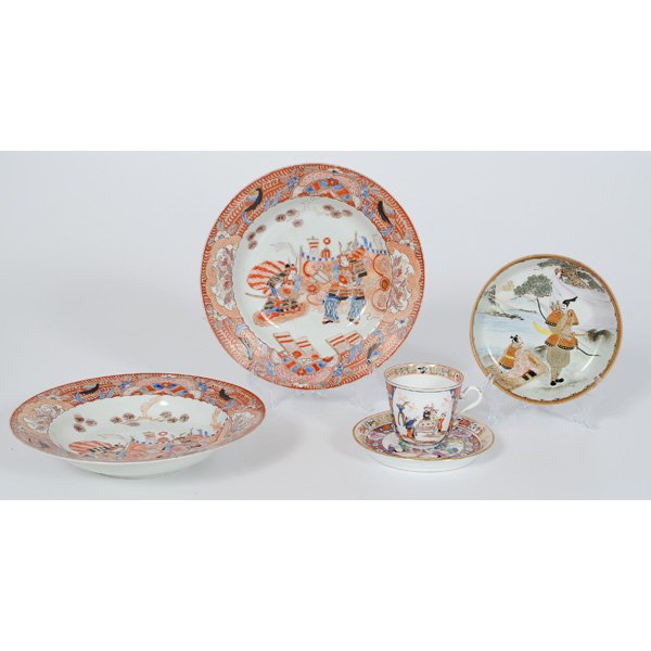 Asian Tablewares : Asian Tablewares Chinese. An assembled group of porcelain tablewares including two bowls and a teacup, a shallow dish, and a teacup and saucer, all having figural motifs mostly in red with heightene