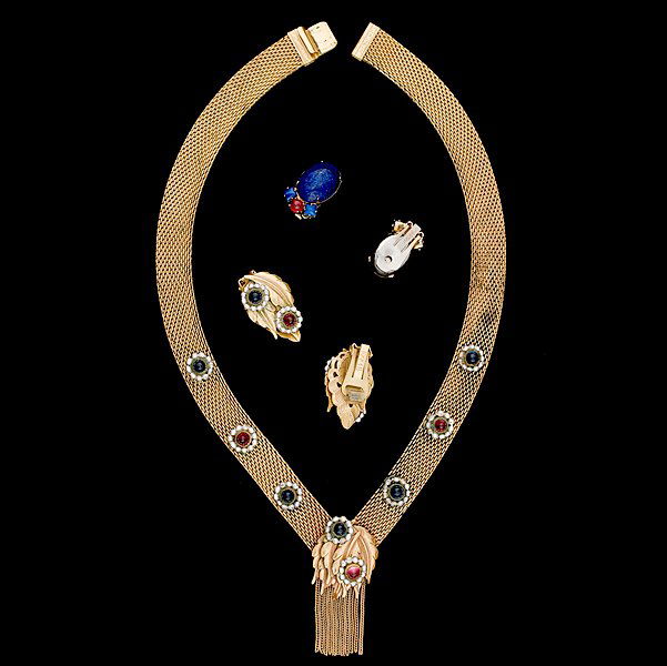 Matching Hobe Ear clips and Necklace Set : Matching Hobe Ear clips and Necklace Set A grouping of matching Hobe ear clips and necklace with poured glass and a pair of complimentary Weiss ear clips; all signed pieces are stamped.