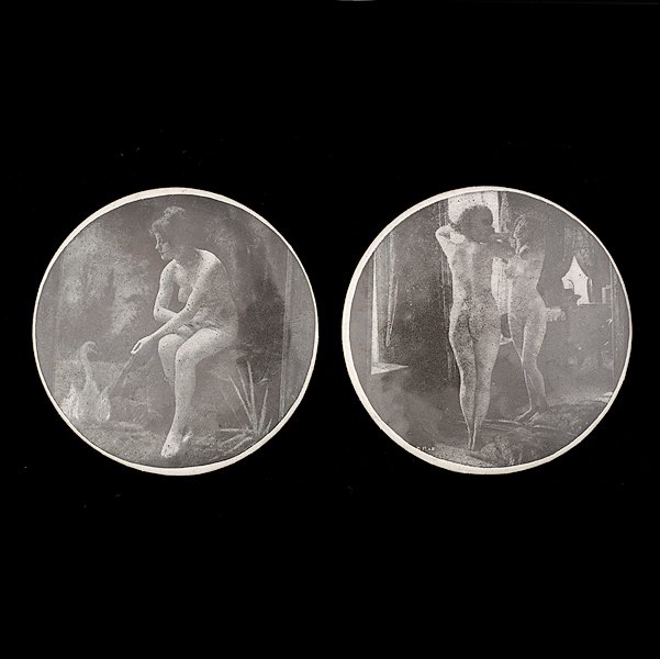 Vintage Riske Pocket Mirrors : Vintage Riske Pocket Mirrors A duo of Pocket mirrors composed of mixed metal and a transfer of a nude scene; all signed pieces are stamped.
