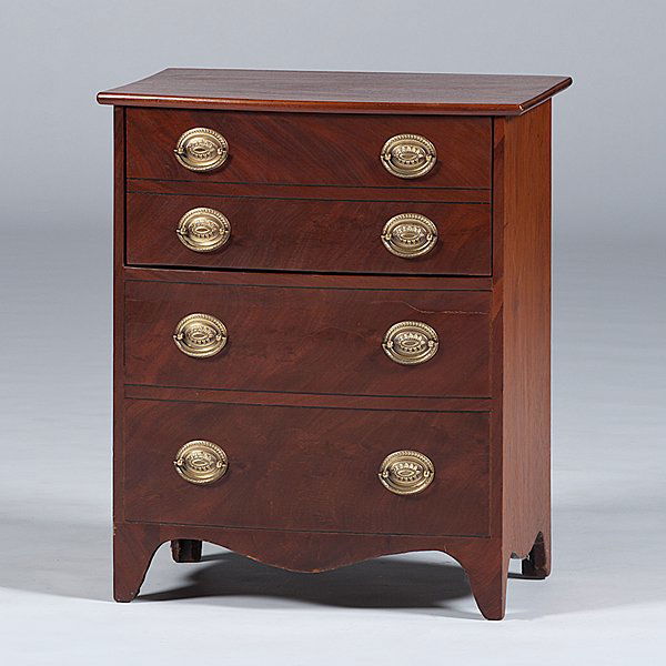 English Commode Stand : 8English, a bedside commode of mahogany with four faux drawers, raised on splayed legs, having a hinged top opening to an interior housing the chamber pot; ht. 28.5, wd. 23.75, dp. 16 in.