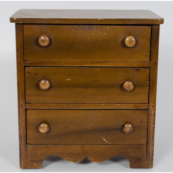Miniature Walnut Chest : American, a miniature Hepplewhite style three drawer chest; ht. 18, lg. 16, dp. 11 in.