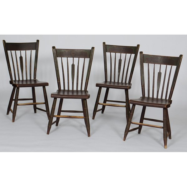 Windsor Chairs : American, 19th century, four painted windsor chairs in mixed hardwoods, all signed illegibly on bottom; ht. 34.5 in.