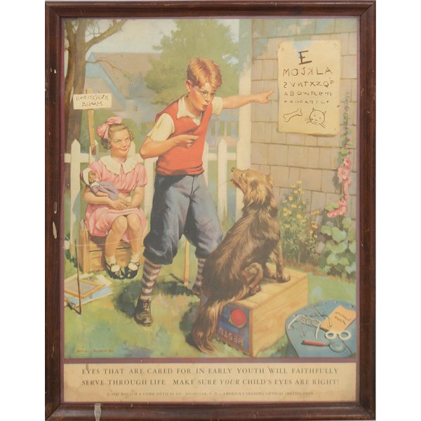 Humorous 1930s Bausch & Lomb Poster : 1935, lithograph poster, depicting a dog coursing through an eye exam; 25 x 20 in.