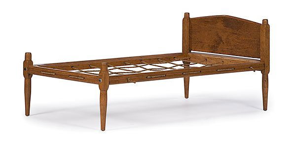 Shaker Rope Bed : American, ca 1850-1875, butternut and pine with arched headboard; ht. 27, footboard ht. 18.5, wd. 36.25, lg. 62 in. Provenance: Purchased from the Shaker Collection of Frank Elsner, Cowan's , Americ