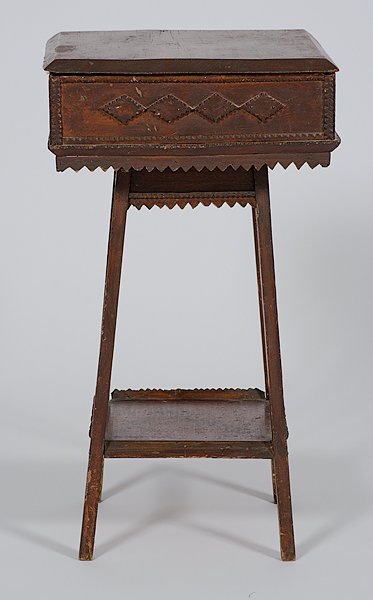Tramp Art Side Table : American, early 20th century. A tramp art grained smoking stand with applied decoration and edges, a silk-lined fitted interior, over splayed legs with lower shelf; ht. 27, wd. 15, dp. 15.5 in.
