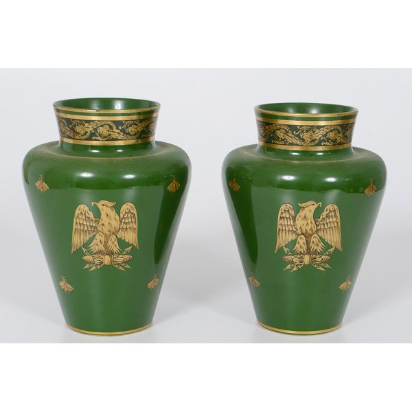 Continental Porcelain Vases with Eagle Motif : Continental, 20th century, a pair of shoulder form vases covered in a green glaze with transfer ware eagle and bees, illegible impressed mark to bottom; ht. 9.5 in.