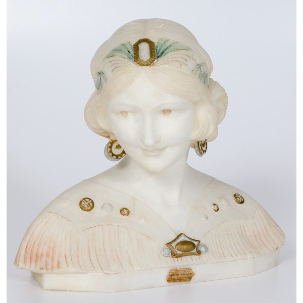 Italian Alabaster Sculpture Bust : 96Italian, an alabaster sculpture bust of a young woman with painted details, with label Made in Italy by the Gallery Peter Bezzard & Son on front; ht. 22 in.