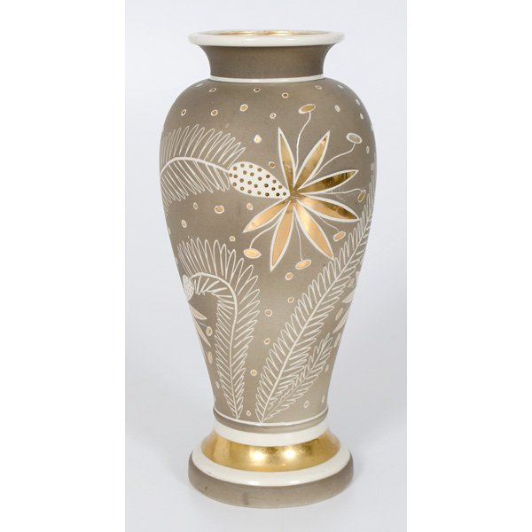 Waylande Gregory Stylized Vase : American, 20th century, a tapered vase incised and painted stylized decoration and gold gilding, marked Waylande Gregory / New York; ht. 14 in.