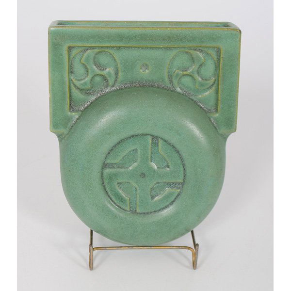 Teco Green Matte Wall Pocket : American, a wall pocket with geometric design, covered in a good matte green glaze, impressed Teco; lg. 6.75 in.