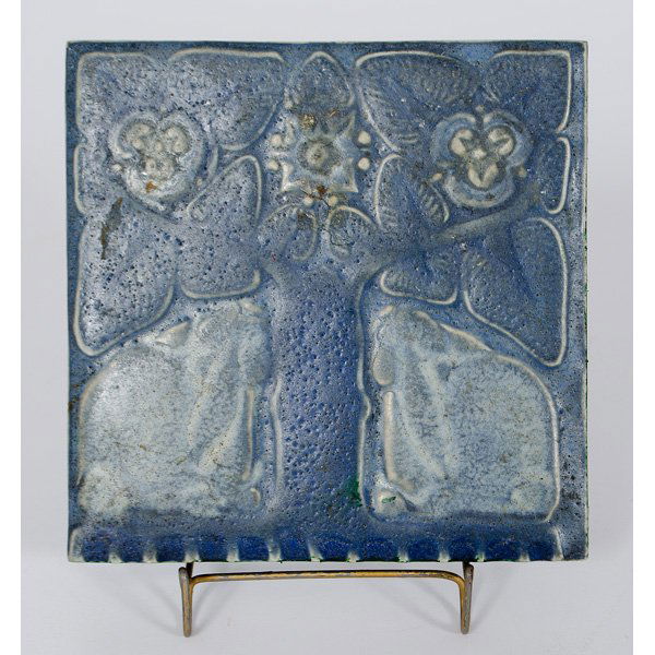 Rookwood Arts and Crafts Trivet : American, a Rookwood Arts and Crafts trivet, stylized design covered in a blue matte glaze, impressed Rookwood logo, dated 1916, shape No 1984, marked "X" for glaze flaws; sq. 6 in.