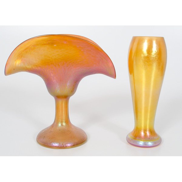 Loetz Vases : Bohemian, a Loetz fan vase in amber gold oil-spot glass; ht. 10 in; PLUS a tapered Loetz vase in amber gold glass; ht 10 in., both unmarked.