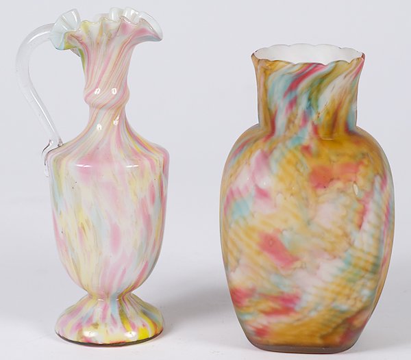 Stevens and Williams Glass Vase, Plus : American, an unmarked art glass vase in multi-colored cased glass attributed to Stevens and Williams. PLUS an unmarked glass ewer in multi-colored glass with applied clear handle; tallest ht. 7 in.
