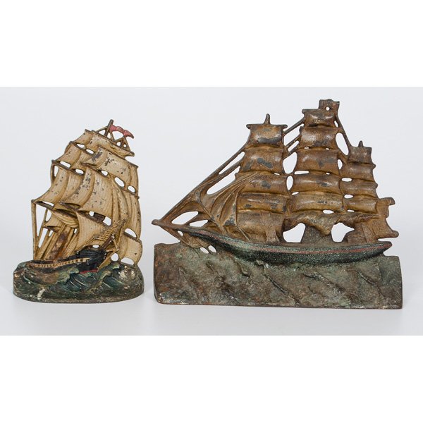 Sailing Ships Cast Iron Doorstops : American, a cast iron "Old Ironsides" sailing ship doorstop; PLUS a cast iron Clipper Chip No 855, made by National Foundry; largest ht. 10 in.
