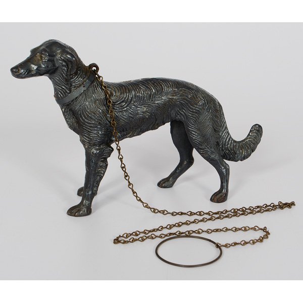 Hubley Russian Wolfhound Doorstop : American, a cast iron and painted doorstop of a small Russian wolfhound with original chain, by the L. Hubley Co No 327; ht. 7.75 in.