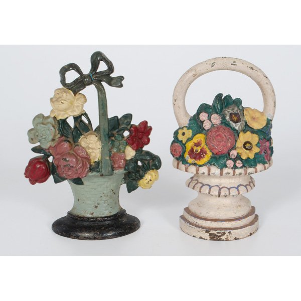 Cast Iron Painted Flower Basket Doorstops : American, two cast iron and painted flower basket doorstops, unmarked; tallest ht. 10.25 in.