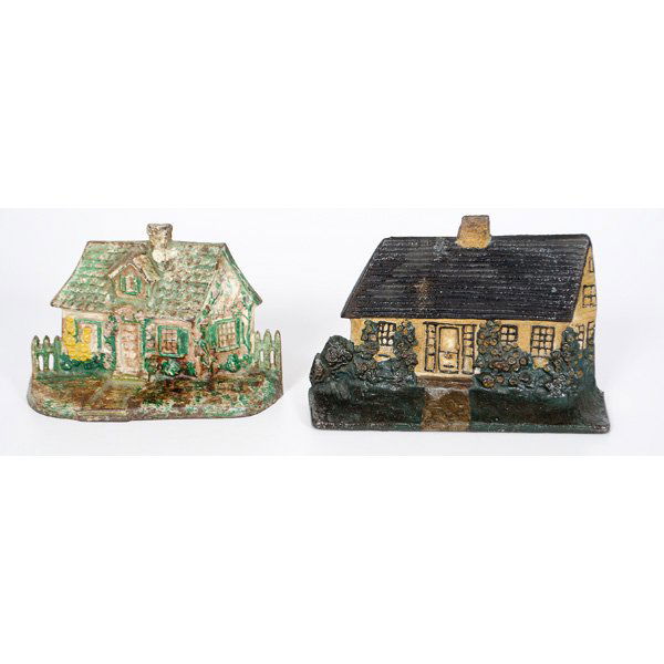 Cast Iron Cottage Doorstops : American, a Cape Cod cast iron doorstop, marked Albany Fdy Co; Plus a Cape Cod cottage with picket fence, marked National Foundry mark 32; ht. 5 in.