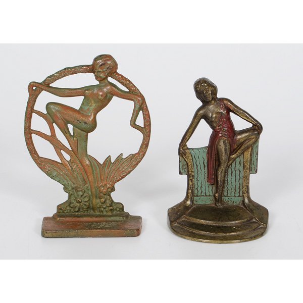 Art Nouveau Doorstops : American, two cast iron and painted Art Deco Nude doorstops, unmarked ht. 8 in;