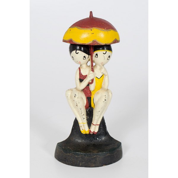 Hubley Bathing Girls Cast Iron Doorstop : American, a painted cast iron doorstop of "Bathing Girls", attributed to Hubley, marked "250" to base. ht. 11 in.