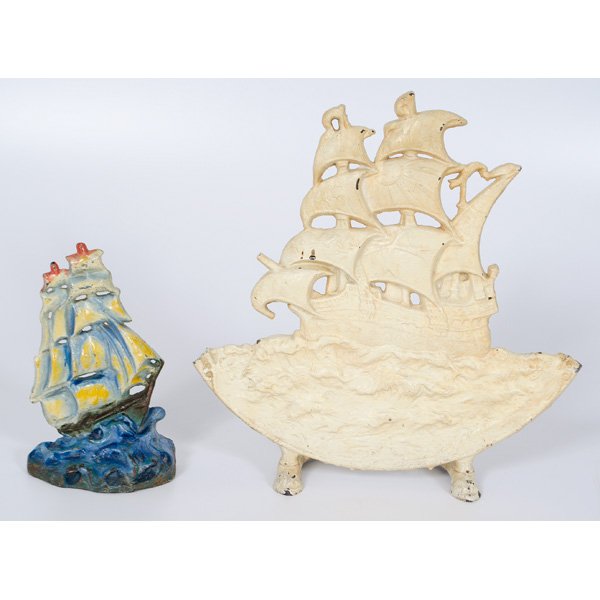 Sailing Ship Cast Iron Doorstop : American, two cast iron doorstops both depicting sailing ships one polychrome painted one monochrome painted, unmarked; largest ht. 15.5 in.