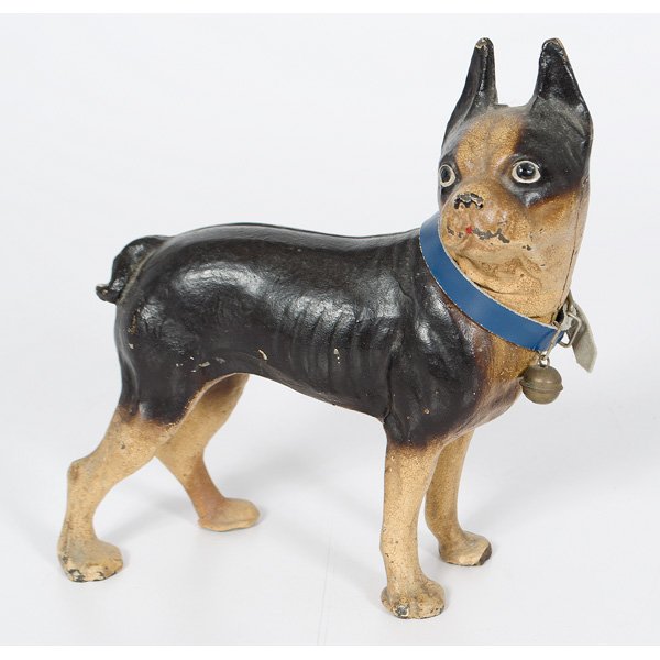 Cast Iron Bulldog Doorstop : a painted cast full figure Boston Terrier doorstop with leather collar, unmarked; ht. 9, wd. 7 in.