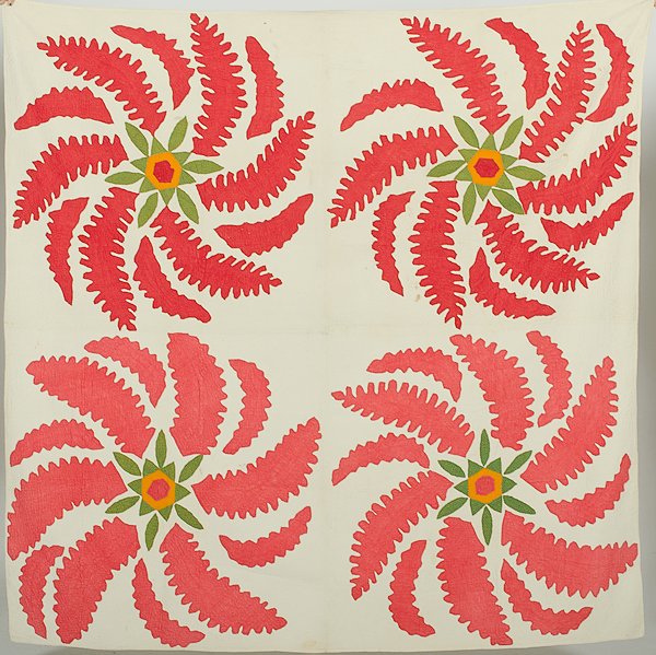 "Princess Feathers" Quilt : American, 19th century. A pieced and appliquéd quilt in the "Princess Feathers" pattern in red, orange, and green against a cream ground; 78 x 77 in.