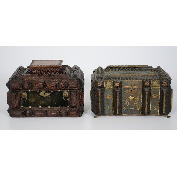 Continental Folk Art Tramp Art Box : Continental, late 19th century, two wooden folk art tramp art boxes; largest, ht. 9, lg. 12.5, dp. 8 in;