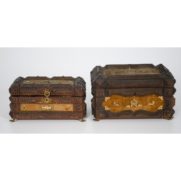Continental Folk Art Tramp Art Box : Continental, late 19th century, two wooden folk art tramp art boxes; largest ht. 7, lg. 12, dp. 8 in.