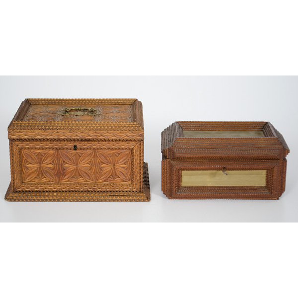 Continental Folk Art Tramp Art Box : Continental, late 19th century, two wooden tramp art boxes; largest ht. 7.5, lg. 12. dp. 9 in.