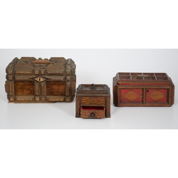 Continental Folk Art Tramp Art Box : Continental, late19th century, three wooden folk art tramp art boxes; largest; ht. 7.5, lg. 13, dp. 8.5 in.