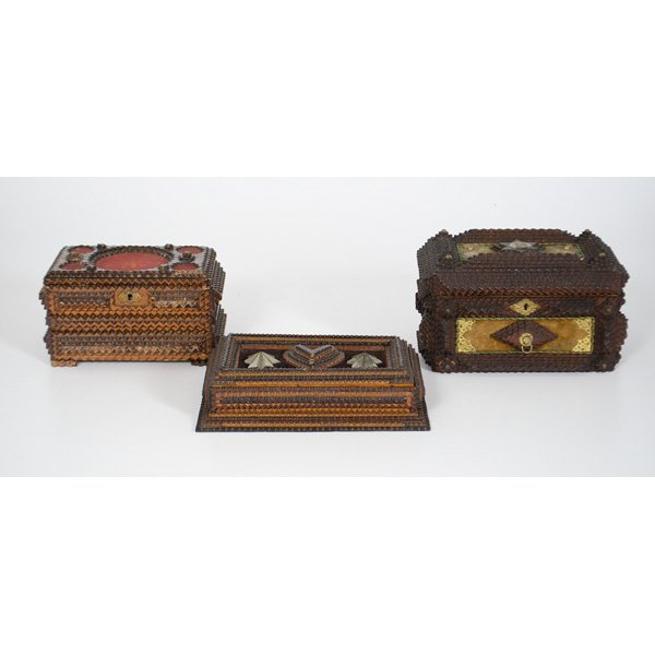 Continental Folk Art Tramp Art Box : Continental, late 19th century three wooden tramp art boxes; largest ht. 6, lg. 10, dp. 7 in.
