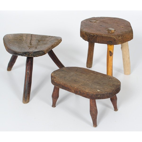Wooden Stools : American, three wooden stools including one with four turned legs and two on a tripod base; tallest ht. 11.25 in.