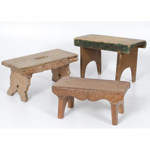 Wooden Stools : American, three wooden stools, one painted green and brown, all with boot-jack ends; tallest ht. 12 in.