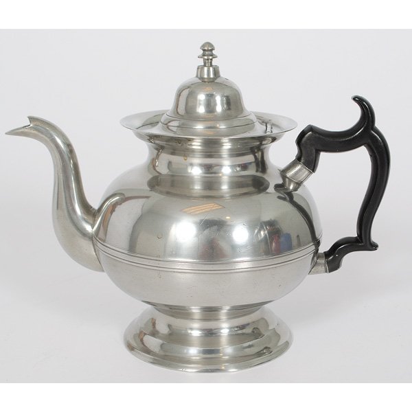 Griswold Pewter Teapot : American, 19th century. A pewter teapot with domed lid and scroll handle, partial interior touchmark for A. Griswold of Meriden, Connecticut; ht. 8 in.