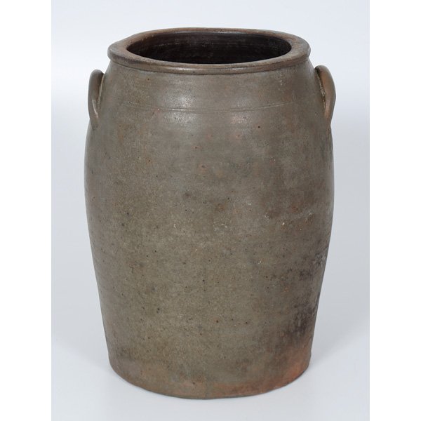 Louisville Ky Stoneware Crock : American, a salt glazed stoneware crock with lug handles and advertising for Melcher & Co, Louisville Ky; ht. 17 in.