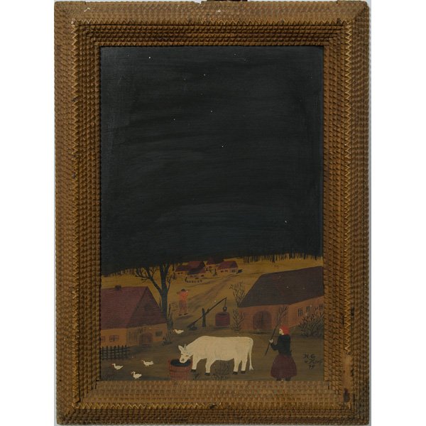 Folk Art Oil Painting of Farm Scene in Tramp Art F: a folk art oil on board depicting a farm scene with figures, animals and buildings in a night-time sky, mounted in a tramp art wood frame, signed H.G. Korff / 75; ht.16, wd 11.5 in.