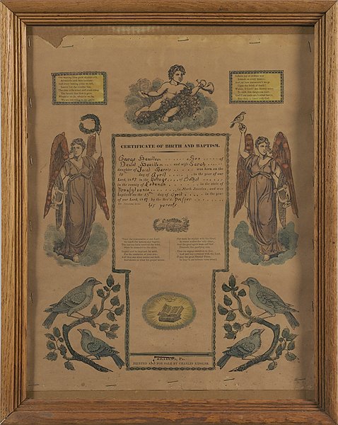 Pennsylvania Fraktur by Kessler, Dated 1849 : Pennsylvania Fraktur by Charles Kessler, with ink and watercolor on paper, dated April 1849; 17.25 x 13.5 in.