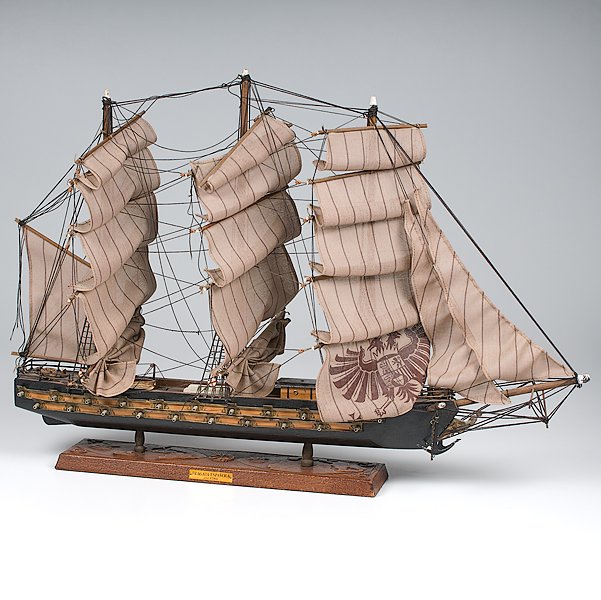 Spanish Ship Model : Model of a three mast frigate on a carved wooden stand, with plaque reading Fragata Espanola ano 1780. 33 in. length, 25 in. height.