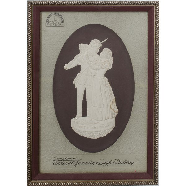 Cincinnati Hamilton Perian Railroad Plaque, Plus : a Parian fiigural plaque in relief, "Goodbye-God Spare You", depicting a soldier going to war, with printed railway map and arch "Cincinnati Hamilton Dayton RR"; ht. 19 wd. 15.5: Plus a Cincinnati to