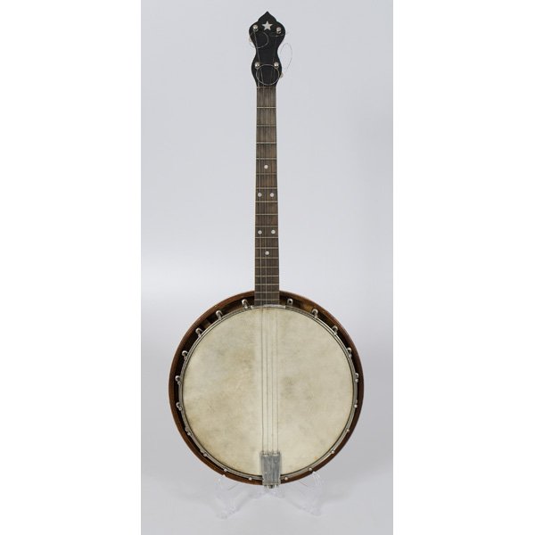 Banjo : Four string banjo with inlay, and painted ship scene on backside. Maker unknown. Includes latching case; 30.5 in.