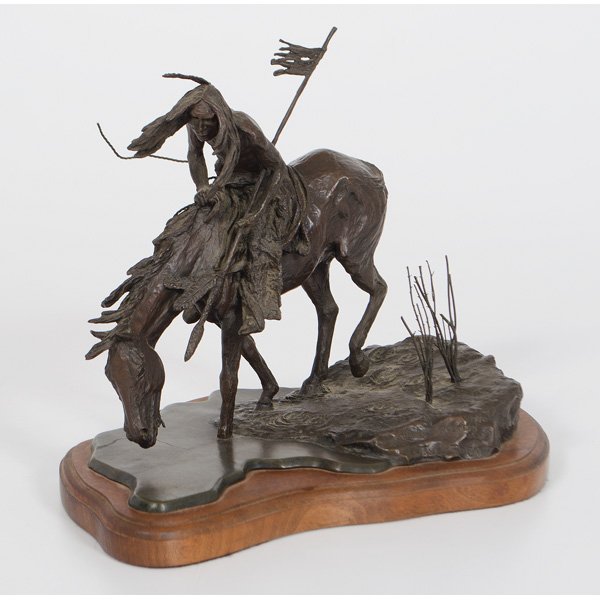 James Roybal Bronze River Mystery : Bronze depicting Native American on horseback testing the depth of a body of water. Artist's name, title, 1976 and 25/30 inscribed on side of bronze. 12 x 7.5 x 9.5 in.