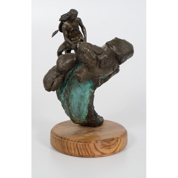 William J. Bedford Bronze First Sight : Bronze depicting Native American with inlaid turquoise on a rock structure with owl and bear claw motifs. With title, artist's name, 76 and 26/40 inscribed on lower left of bear claw. 14 in. ht., base